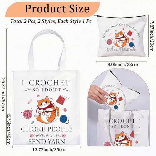 2Pcs Crochet Canvas Tote Makeup Bag Set Aesthetic Gifts 2 Sizes | Cat Tote Bag Set Cute Cat Yarn Design with Word, Polycotton Reusable Portable Zipper Cosmetic Case for Crocheters Work Travel