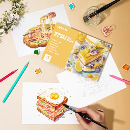 Lightwish Watercolor Coloring Book for Adults & Beginners,100% Cotton 300gsm/140lb Acid-Free Cold Press Paper, 8.3 x 5.6 Inches,15 Sheets,Food-Themed - color: Food-Themed