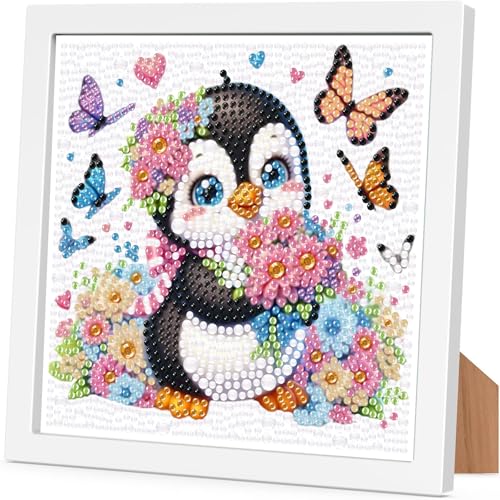 Arttoplus Penguin Diamond Art Kits for Kids 4-6-8-12 with Frame 7x7 inch | Penguin Gem Art Kits for Kids,Easy Small Cute Animal Diamond Painting Kits with Frame for Gift Home Wall Decoration - color: CC728-US