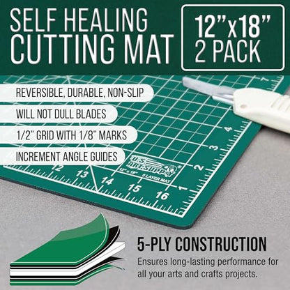 U.S. Art Supply 12"x18" Self-Healing Cutting Mat 5-Ply 2 Pack Green/Black | Double-Sided Green/Black Craft Mat, Non-Slip Cutting Mats for Crafts, Sewing, Quilting, Scrapbooking - color: Green/Black