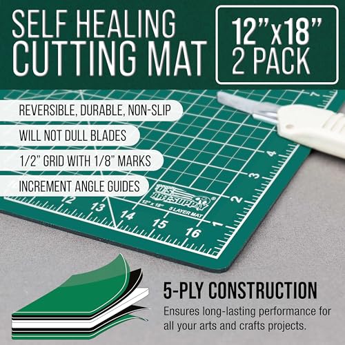 U.S. Art Supply 12"x18" Self-Healing Cutting Mat 5-Ply 2 Pack Green/Black | Double-Sided Green/Black Craft Mat, Non-Slip Cutting Mats for Crafts, Sewing, Quilting, Scrapbooking - color: Green/Black
