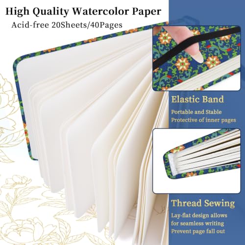 5x5 Watercolor Sketchbook,Mixed Media Pad,Travel Portable Drawing Journal | 140LB/300gsm 20Sheets/40Pages Watercolor Paper,Cold Press,Cloth Fabric Hardcover,Sewing Binding,Lay-Flat.Azure Bloom - color: 300gsm-Azure Bloom