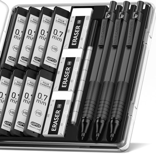 Four Candies Metal Mechanical Pencil Set with Case, 0.7mm, 3-Pack, Black | 480PCS HB Lead Refills, 3 Erasers+9 Eraser Refills, Anti Grip, for Drafting, Engineering, Technical Drawing, Art Projects - color: Black, style: 0.7 MM
