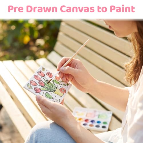 6Pcs Pre Drawn Canvas to Paint for Adults, 6x6 in Floral Art Boards | Botanical Stretched Canvas Set for Adult Ladies Night Wine and Paint Party Supplies Beginner Stress Relief Gift