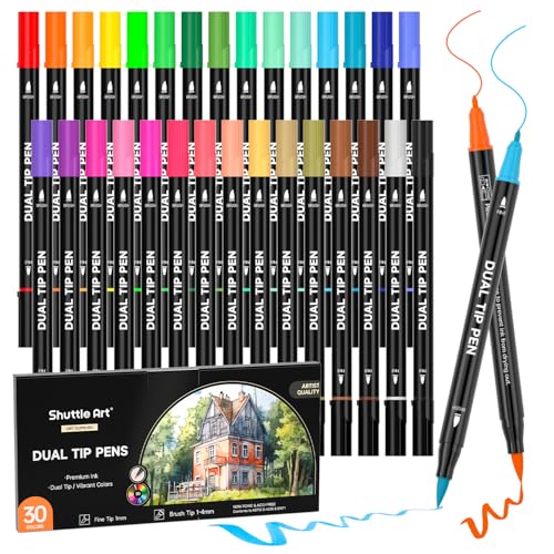 Shuttle Art Dual Tip Brush Marker Pens 30 Colors Water-based Ink | Double-ended with Fine Tip & Brush Tip, Great for Hand Lettering, Drawing, Bullet Journal and DIY Crafts for All Skill Levels - color: 30 Colors