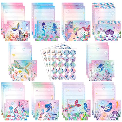 TaoBary 160 Pcs Mermaid Stationery Paper and Envelopes Set 50 Double Sided Lined Stationery Paper with 50 Matching Envelopes and 60 Round Dot Sticker 5.5 x 8.25'' Letter Writing Kit, 10design - size: 5.5 x 8.25 Inch, style: Mermaid