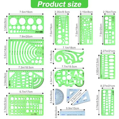 15PCS Geometric Drawings Templates, Measuring Geometry Rulers, Drafting Stencils Measuring Tools