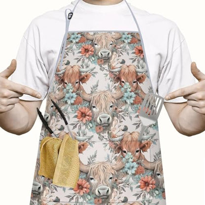 Apron with 2 Pockets,Kitchen Chef Artist Aprons for Cooking Gardening Baking Painting, Waterproof Apron 33" x 27" - color: Highland Cow