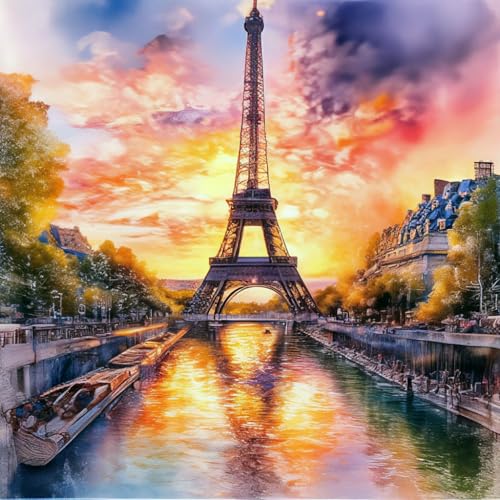 ALEXMACLIST Eiffel Tower Diamond Art Kit - Romantic French Landmark, Seine River Reflection, Full Drill 5D Diamond Painting DIY Craft for Adults, Teens & Travel Lovers 14”x14” - color: Eiffel Tower-00