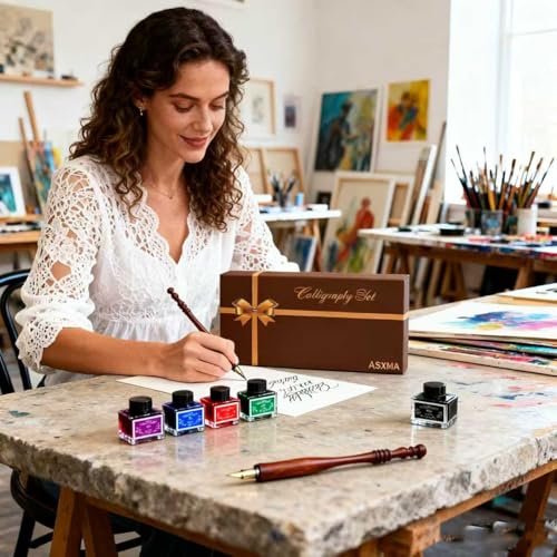 Calligraphy Pen Set – Includes Wooden Dip Pen, Antique Brass Holder, 11 Nibs, 4 Colors Ink Bottles and Beginner's Manual-for Beginners and Calligraphy Lovers - color: Red