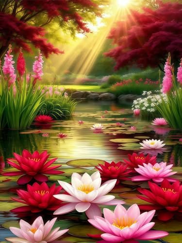 Water Lily Diamond Painting Kit for Adults, 5D Full Drill Diamond Art | Relaxing DIY Craft for Stress Relief, Floral Nature Paint by Diamonds, Sparkling Home Wall Decor Gift, 11.8 x 15.74 Inch - color: KM953-1