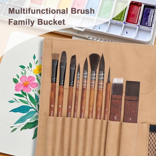 10 Pieces Paint Brush Set, Artist Series, Nylon Bristles with Round, Flat, Fan, Angle, Detail Brush, Suitable for Artists and Beginners for Acrylic Painting, Oil, Watercolor, Gouache(Brown)