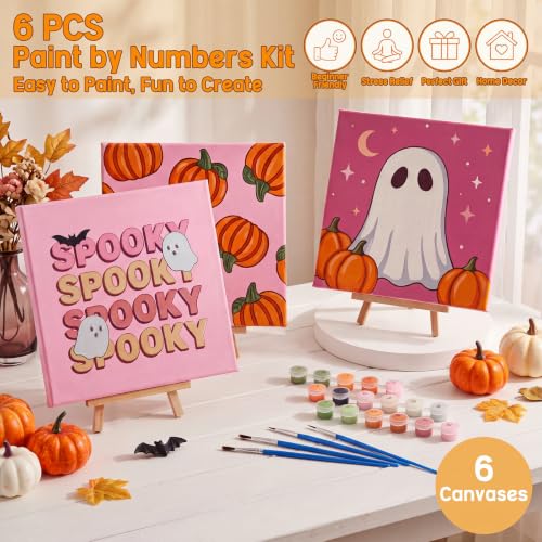 YooNotee 6 Pack Ghost Paint by Numbers Kit 8 x 8 Inch Canvas - style: Pumpkin