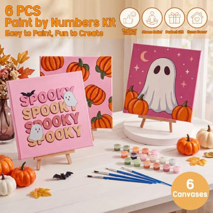 YooNotee 6 Pack Ghost Paint by Numbers Kit 8 x 8 Inch Canvas - style: Pumpkin