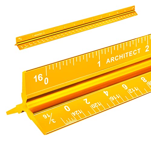 Architectural Scale Ruler, Imperial Measurements 12'', Laser-Etched Aluminum Architect Triangular Ruler Gold for Architects, Students, Draftsman, and Engineers by mveohos | Gold, Laser-Etched Aluminum Architect Triangular Ruler for Architects, Students, D