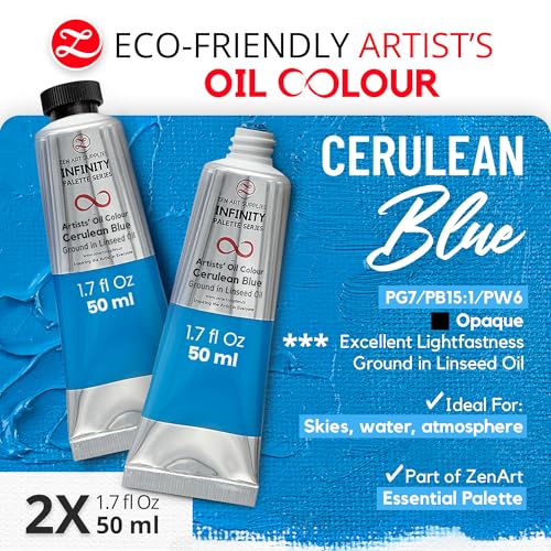 ZenART Professional Oil Paint Set - Artist Grade Cerulean Blue - 2x50ml | Non-Toxic, Buttery Consistency, Rich Pigment, Lightfast Oil Paints for Primed Surface Canvas, Fine Art, Portraits & Landscape - color: Cerulean Blue
