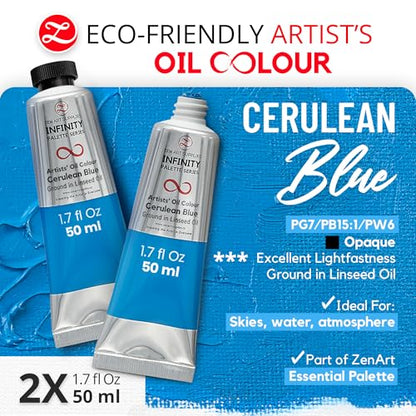 ZenART Professional Oil Paint Set - Artist Grade Cerulean Blue - 2x50ml | Non-Toxic, Buttery Consistency, Rich Pigment, Lightfast Oil Paints for Primed Surface Canvas, Fine Art, Portraits & Landscape - color: Cerulean Blue