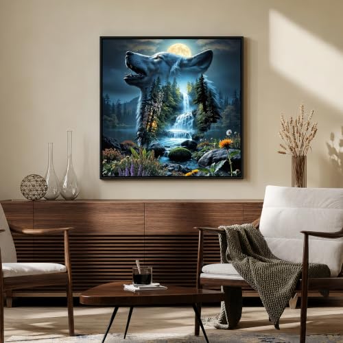 Mosaflare 5D Wolf Diamond Painting Kits for Adults 13.7x13.7 Inch | Moon Waterfall Forest Diamond Art for Beginners, DIY Full Round Drill Paint by Diamonds Dot Gem Art for Adult Home Wall Decor - color: KM1233-1