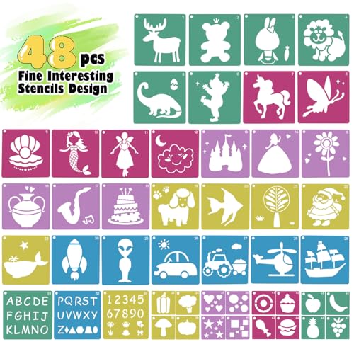 48PCS Stencils for Kids, 8" Sidewalk Chalk Stencils for Painting Kids Style | Geometric Letter Number Themed Primary Shape Template for Kids, Large Reusable Stencils for Drawing Outside, Crafts Painting