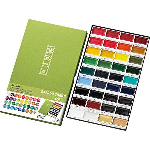 Kuretake Gansai Tambi Watercolor Paint Set, 36 Colors, Made in Japan | 36 vivid opaque colors, non-granulating pigment, large pans, palette & color chart, Professional Use, Artist Grade