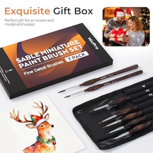 Nicpro 7pcs Kolinsky Sable Miniature Paint Brushes with Cloth Roll | Professional Fine Detail Paint Brushes, Round Point Artist Brush Set for Miniatures, Acrylic & Figures, Model, Watercolor - size: 7 PCS