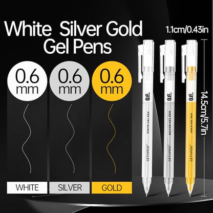 GETHPEN Gold Silver White Gel Pen Set, 0.6mm Extra Fine Opaque Archival Ink | Metallic Gel Ink Pens for Black Paper Drawing, Sketching, Card Making, Illustration, Bullet Journaling, 6 Pack - size: 0.6 mm, style: 6 Pack White, Gold and Silver