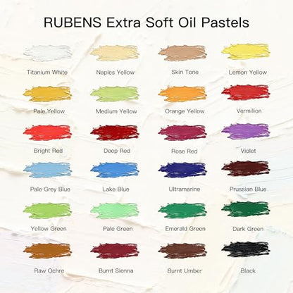 rubens 57 PCS Soft Oil Pastels Kit for Beginner Drawing | 24 Colors Soft Oil Pastels in Box with Palette Knife, Base Board, Tape, 30 Sheets Oil Pastel Paper - color: 24 Colors Set
