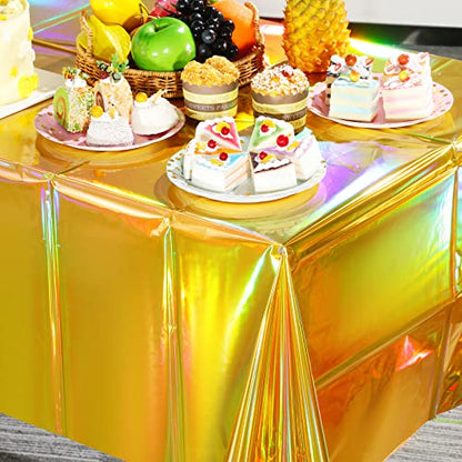 4 Pack Gold Iridescent Plastic Tablecloths Shiny Disposable Laser Rectangle Table Covers Holographic Foil Tablecloth Iridescent Party Decorations Birthday Bridal Wedding Christmas, 54 x 108 Inch - color: Gold