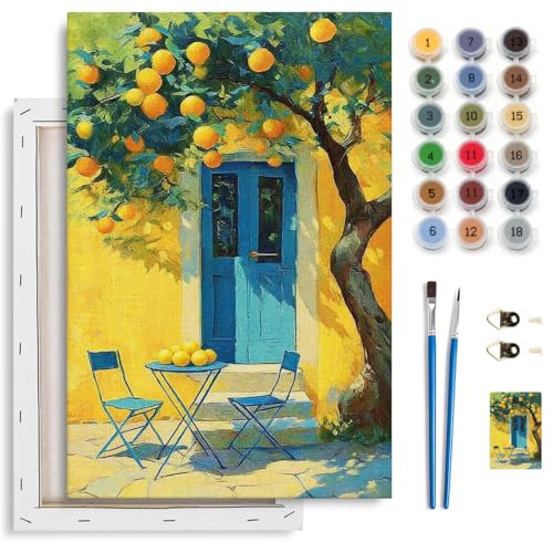 Spandrel Lemon Tree Framed Paint by Numbers Kit for Adult, Yellow House Paint by Number Kits on Canvas, DIY Acrylic Oil Easy Summer Painting by Numbers for Home Wall Decor, 8x12in - color: Lemon Tree