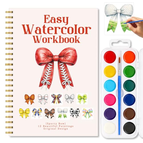 Sports Bow Watercolor Workbook, Athletic Painting Set with Palette Brush | 12 Sport Bow Patterns For Creative Painting, Complete Water Coloring Kit For Beginner, Fun Gift For Sports Lovers Boys Girls - color: Sporty Bow