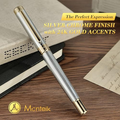 MCNTEIK Silver Chrome Rollerball Pen, Stunning Luxury Pen with Mesh Texture Design、Silver Chrome Finish and 24K Gold Accents, Nice Gift Set for Men & Women, Business, Executive, Office, Fancy Pens - color: Silver Chrome with Gold
