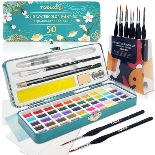 TAVOLOZZA 50 Colors Watercolor Paint Set, Including Metallic & Fluorescent Colors, Travel Watercolor Set with Brushes, Watercolor Paper, Sponge and Accessories, Ideal Art Supplies for Adults Starter Artists - color: 42 base+8 effect colors
