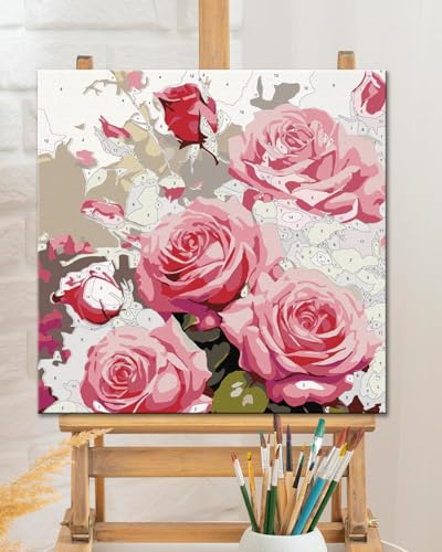 TOCARE Framed Paint by Numbers Kit for Adults Beginners & Kids Ages 8-12,Pink Rose Paint by Number with Frame,Easy Flowers Paint by Numbers Framed Canvas (10x10 Inch, Without Easel) - color: TC-F-212