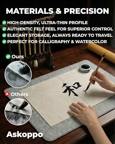 Premium Calligraphy Felt Mat (19.7" x 27.5") with Stitched Edges, Zero-Crease Roll Up Desk Pad & Blotter with Telescopic Matte Gold Tube, Ink Absorption for Sumi-e & Watercolor, Grey