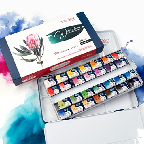 ROSA Gallery Botanical Watercolor Paint Set, Vibrant Kit Designed by Professional Artists, Washable, High Lightfastness Pigments, Made in Ukraine, Packed in Metal Paint Box, 28 Ct.