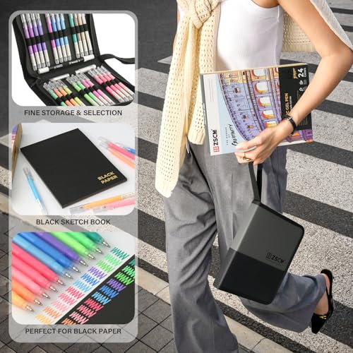 ZSCM 24 Colors 3D Acrylic Gel Pens & Black Paper Sketchbook for Drawing | 1mm Fine Point Acrylic Ink Pen, Opaque Archival Dull Ink Pens for Black Paper Drawing, Sketching, Illustration, Card Making - color: 24 Packs-Bright