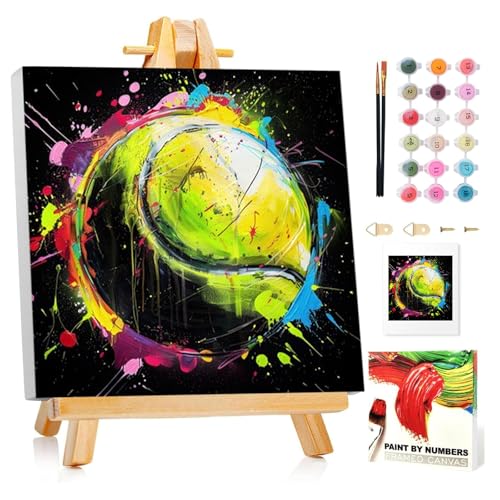 Tennis Paint by Numbers Kit for Kids, 8x8 inch | DIY Paint by Numbers for Kids, Ages 4-8-12, with Frame, Wooden Easel, Gifts Box, Fun and Relaxing,Home Wall Decor - color: Tennis