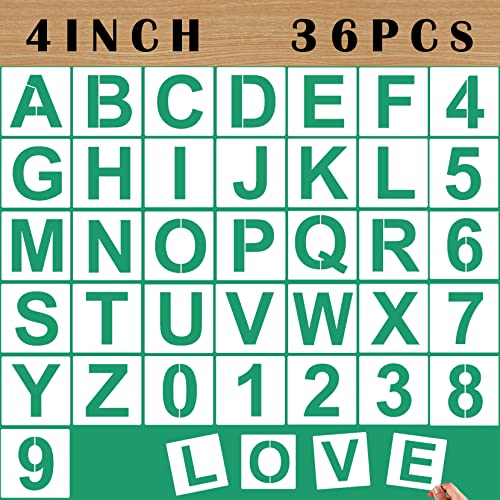4'' Letter Stencils and Numbers Reusable Plastic, 36 Pc Alphabet Art Craft Stencils, Number Symbol Templates for Wood, Wall, Fabric, Rock, Chalkboard, Signage - color: 4 inch