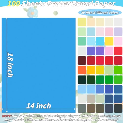 100 Pcs 50 Assorted Colors Poster Board 14 x 18 In Colored Posterboard Paper Bulk 250 GSM Thickness Cardstock Blank Smart Vision Board for School Drawing Arts Craft Projects Display DIY Scrapbooking - size: 14 x 18 in