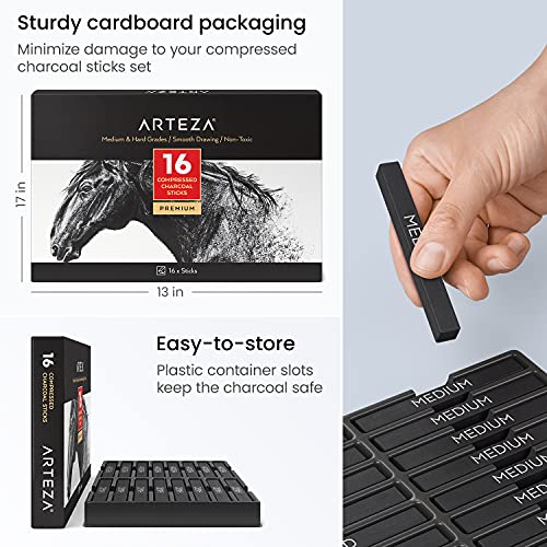 ARTEZA Compressed Charcoal Sticks Set of 16 – Medium and Hard Drawing Crayons for Sketching, Shading, Line Work in Charcoal Art and Figure Drawing | Deep Black Marks, Controlled Lines in Varied Thicknesses, Rich Layered Depth, For Sketching, Shading and F