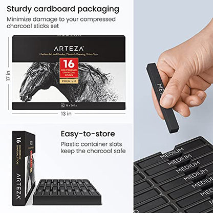 ARTEZA Compressed Charcoal Sticks Set of 16 – Medium and Hard Drawing Crayons for Sketching, Shading, Line Work in Charcoal Art and Figure Drawing | Deep Black Marks, Controlled Lines in Varied Thicknesses, Rich Layered Depth, For Sketching, Shading and F