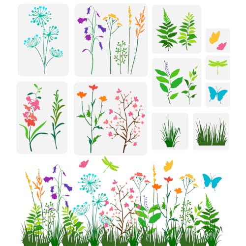 FINGERINSPIRE 11 PCS Wildflowers Stencils for Painting Reusable Flowering Shrubs Stencil Grass Leaf Stencil Butterfly Dragonfly Pattern Stencils for Painting on Wall Wood DIY Home Decor - color: Flowering Shrubs