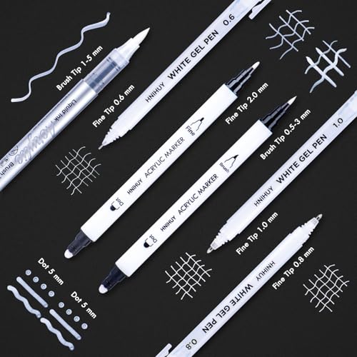 HNIHUY White Ink Pens, White Gel Pens, Brush Tip Acrylic Markers | Dual-Tip Opaque White Paint Pens for Black Paper Drawing, Sketching, Illustration, Card Making, 6 Pack