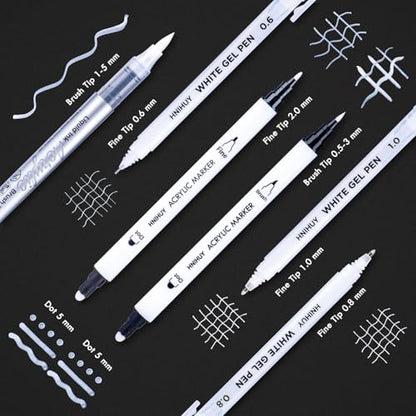 HNIHUY White Ink Pens, White Gel Pens, Brush Tip Acrylic Markers | Dual-Tip Opaque White Paint Pens for Black Paper Drawing, Sketching, Illustration, Card Making, 6 Pack