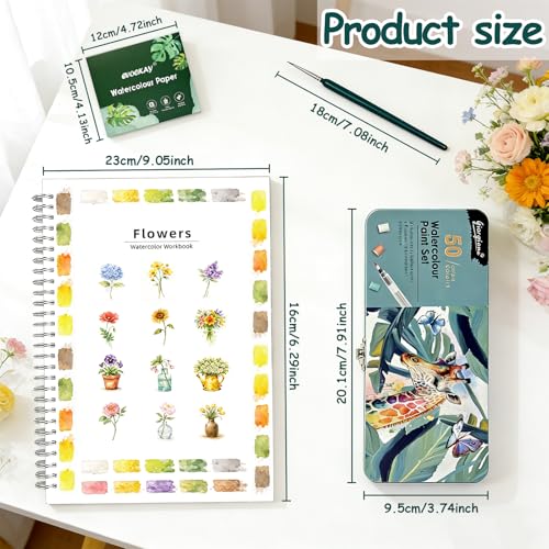 EVOCKAY Watercolor Workbook：12 Patterns with 50 Vivid Colors – Complete with Palette and Brush – Perfect for Artists of All Levels! - color: Flower-50 Colors