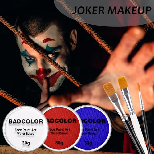 US Flag Red White and Blue Joker Face Body Paint, Water-Based Face Painting Kit with Brushes for America’s Patriotic Parades 4th of July USA Independence Day & Halloween Costume Clown Cosplay Makeup - color: White+Red+Blue+3Pcs Brushes