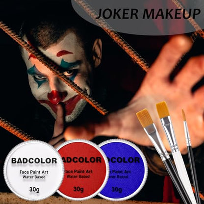 US Flag Red White and Blue Joker Face Body Paint, Water-Based Face Painting Kit with Brushes for America’s Patriotic Parades 4th of July USA Independence Day & Halloween Costume Clown Cosplay Makeup - color: White+Red+Blue+3Pcs Brushes