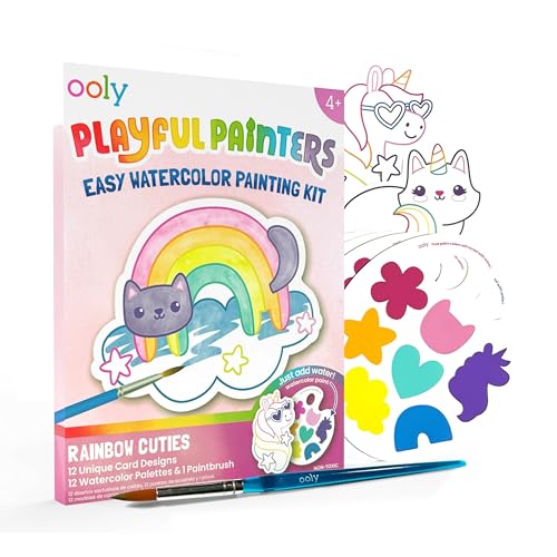 Ooly Playful Painters All-in-One Watercolor Paint Kit, 25 Pc – Cute Rainbow | Ages 4+, 12 Artworks with Guided Outlines, 12 Watercolor Palettes and Brush Included, Non-Toxic Kids Art and Craft Kit - color: Rainbow Cuties