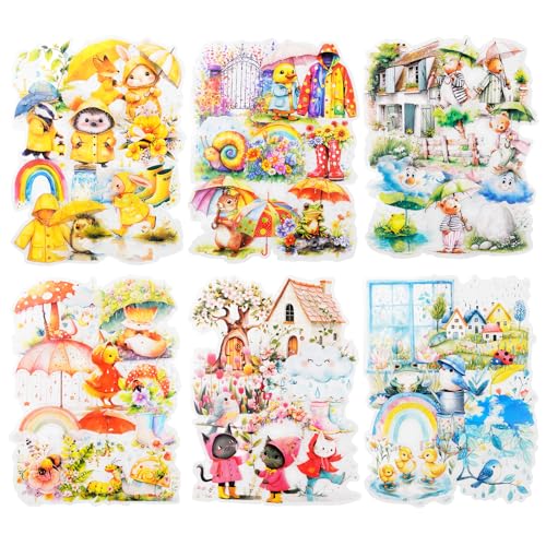 Rain Shelter Animals PET Stickers – 90PCS Whimsical Stickers with Watercolor Animal Designs for Scrapbook, Journal, DIY Crafts, Waterproof - color: Rainy Day Pals
