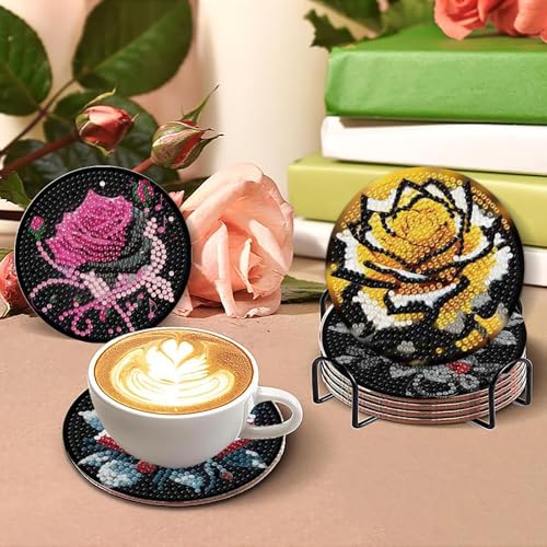 Mrnsiet 8PCS Diamond Art Coasters with Holder, DIY Flowers Diamond Painting Coasters Kits for Adults, Non Slip Rose Florwers Mosaic Dot Painting Coaster Gift Set for Beginners 4x4 Inch - color: BDWY310-US